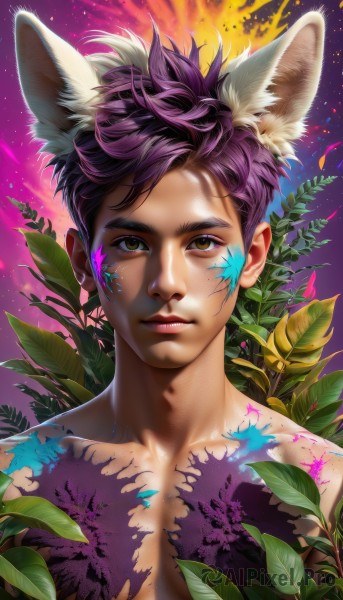 1girl,solo,looking at viewer,short hair,1boy,animal ears,brown eyes,closed mouth,collarbone,yellow eyes,upper body,purple hair,male focus,nude,cat ears,lips,animal ear fluff,fox ears,eyelashes,leaf,facial mark,plant,portrait,extra ears,freckles,realistic,nose,facepaint,paint splatter,paint,artist name,star (sky),topless male,bodypaint,colorful,splatter