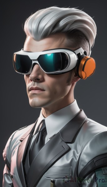 solo,short hair,simple background,shirt,1boy,closed mouth,jacket,white shirt,upper body,white hair,grey hair,male focus,necktie,collared shirt,grey background,lips,facial hair,headphones,formal,sunglasses,suit,goggles,black necktie,realistic,grey jacket,nose,black background,headset,old