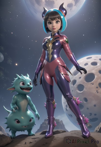 1girl,breasts,looking at viewer,smile,short hair,bangs,brown hair,black hair,gloves,brown eyes,medium breasts,standing,full body,multicolored hair,boots,horns,sky,teeth,black eyes,lips,bodysuit,moon,bob cut,helmet,sharp teeth,star (sky),skin tight,claws,full moon,shiny clothes,space,planet,latex,alien,purple bodysuit,spacesuit,latex bodysuit,space helmet,solo,black gloves,hair bun,armor,night,starry sky,monster