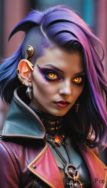 1girl,solo,long hair,looking at viewer,hair ornament,jewelry,closed mouth,blue hair,jacket,yellow eyes,upper body,purple hair,multicolored hair,earrings,open clothes,choker,artist name,dark skin,necklace,blurry,two-tone hair,open jacket,official alternate costume,dark-skinned female,lips,eyelashes,makeup,blurry background,piercing,cross,lipstick,ear piercing,portrait,pendant,eyeshadow,asymmetrical hair,realistic,nose,red lips,stud earrings,eyeliner,undercut,purple lips,mascara,k/da (league of legends),breasts,black hair,orange eyes,glowing,glowing eyes