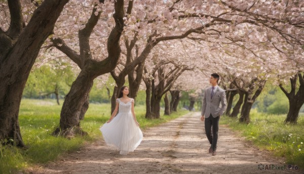 1girl, long hair, brown hair, black hair, 1boy, dress, flower, hetero, outdoors, necktie, pants, white dress, tree, black pants, formal, suit, grass, couple, cherry blossoms, scenery, walking, road, path