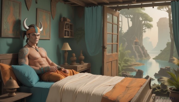 solo,looking at viewer,short hair,blue eyes,brown hair,black hair,1boy,brown eyes,jewelry,sitting,nipples,ponytail,male focus,earrings,horns,pants,indoors,water,tree,pillow,window,bed,tattoo,muscular,headband,facial hair,on bed,piercing,abs,pectorals,plant,curtains,muscular male,scenery,bara,large pectorals,topless male,potted plant,lamp,fake horns,arm tattoo,bedroom,shoulder tattoo,waterfall,navel,necklace,stomach,bracelet,shadow,mature male,bare pectorals,chest tattoo,vase,painting (object)