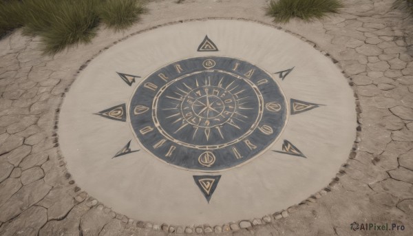 outdoors,no humans,shadow,from above,traditional media,grass,scenery,road,still life,path,roman numeral,pavement,clock