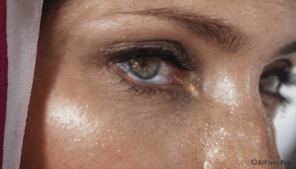 1girl,solo,looking at viewer,brown hair,1boy,brown eyes,male focus,shiny,blurry,wet,pubic hair,eyelashes,close-up,reflection,realistic,eye focus,black hair,hat,portrait,christmas,santa hat,freckles