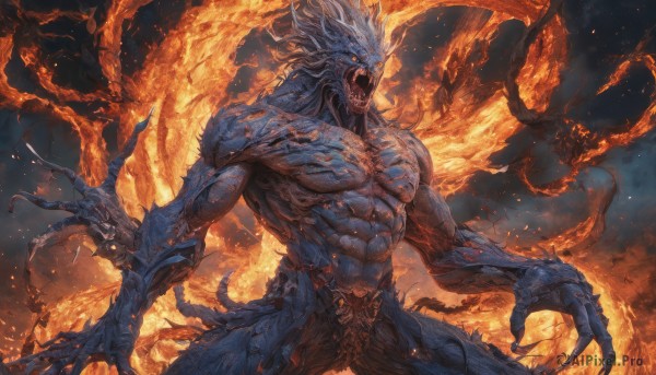 solo,open mouth,1boy,standing,tail,yellow eyes,male focus,cowboy shot,horns,teeth,no humans,muscular,glowing,colored skin,fangs,abs,fire,sharp teeth,muscular male,glowing eyes,claws,veins,topless male,monster,dragon,scales,giant,extra arms,embers,wings,demon