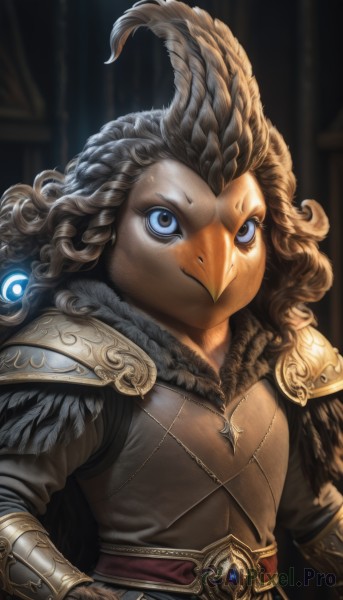 solo,long hair,looking at viewer,smile,blue eyes,brown hair,1boy,jewelry,closed mouth,upper body,male focus,belt,dark skin,cape,armor,hand on hip,fur trim,bird,feathers,shoulder armor,gauntlets,1other,curly hair,pauldrons,breastplate,chainmail,plate armor,1girl,brown eyes,artist name,wavy hair,beak