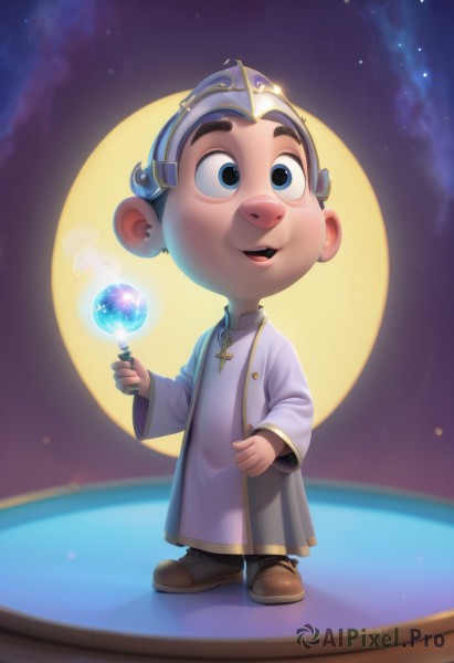 solo,smile,short hair,open mouth,blue eyes,brown hair,long sleeves,1boy,hat,holding,jewelry,standing,full body,male focus,sky,shoes,teeth,artist name,night,upper teeth only,brown footwear,moon,looking up,star (sky),night sky,furry,full moon,starry sky,robe,tabard,furry male,planet,white robe,buck teeth,earrings,boots,necklace,cross,priest