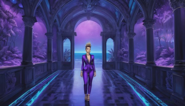 1girl,solo,breasts,looking at viewer,short hair,blonde hair,long sleeves,cleavage,jewelry,medium breasts,standing,full body,sky,choker,pants,water,necklace,tree,bodysuit,makeup,night,formal,suit,plant,lipstick,spiked hair,star (sky),scenery,walking,palm tree,arms at sides,wide shot,pillar,column,smile,brown hair,1boy,collarbone,flower,male focus,indoors,night sky,starry sky,purple shirt