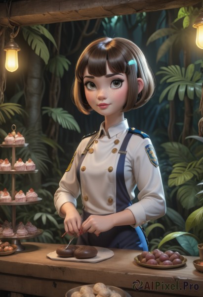 1girl,solo,breasts,looking at viewer,short hair,bangs,skirt,brown hair,shirt,hair ornament,long sleeves,holding,brown eyes,closed mouth,standing,white shirt,upper body,small breasts,outdoors,food,hairclip,collared shirt,artist name,indoors,blunt bangs,nail polish,blurry,uniform,tree,lips,blue skirt,fingernails,buttons,fruit,leaf,table,bob cut,thick eyebrows,suspenders,plant,nature,plate,forest,freckles,cake,spoon,nose,fork,double-breasted,bush,badge,cake slice,cupcake,pastry,sweets,chef,foliage,apron,eyelashes,makeup,epaulettes