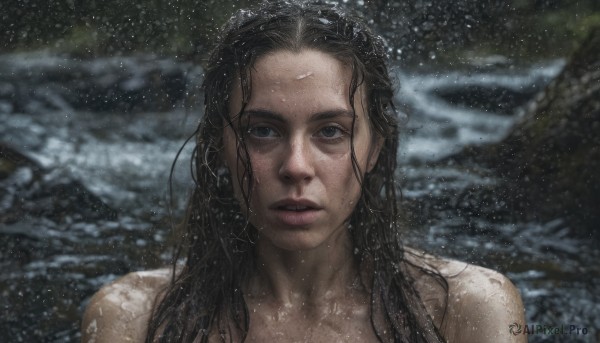 1girl,solo,long hair,looking at viewer,black hair,upper body,nude,outdoors,parted lips,water,blurry,black eyes,lips,wet,blurry background,portrait,snow,forehead,snowing,realistic,nose,wet hair,brown hair,brown eyes,collarbone,ocean,beach,messy hair,freckles,waves,shore