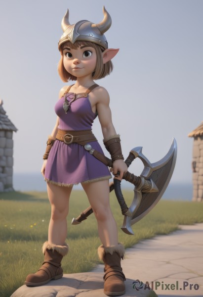 1girl,solo,breasts,looking at viewer,smile,short hair,brown hair,dress,holding,bare shoulders,brown eyes,closed mouth,standing,collarbone,full body,weapon,small breasts,boots,outdoors,horns,sleeveless,day,pointy ears,belt,artist name,holding weapon,blurry,black eyes,fur trim,blurry background,brown footwear,short dress,helmet,grass,purple dress,fake horns,axe,holding axe,horned helmet,bangs,skirt,jewelry,medium breasts,armor,lips,thick eyebrows,nose,leather