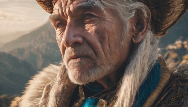 solo,looking at viewer,blue eyes,1boy,closed mouth,white hair,male focus,outdoors,horns,blurry,fur trim,blurry background,facial hair,scar,portrait,beard,mountain,realistic,mustache,manly,old,old man,wrinkled skin,hat,brown eyes,sky,scar on face,close-up,scar across eye