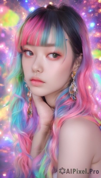 1girl,solo,long hair,looking at viewer,bangs,black hair,bare shoulders,jewelry,closed mouth,blue hair,upper body,pink hair,multicolored hair,earrings,sleeveless,blunt bangs,black eyes,from side,two-tone hair,lips,looking to the side,eyelashes,makeup,watermark,web address,hand on own face,eyeshadow,realistic,nose,hand on own cheek,colorful,rainbow hair,blue eyes,artist name,aqua hair,gradient hair,wavy hair,gem,light particles,head rest,pink lips,eyeliner,mascara