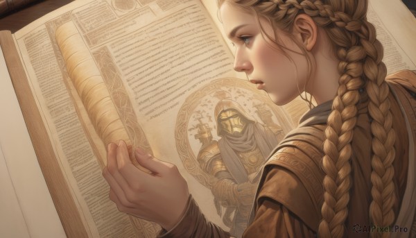 1girl,long hair,blue eyes,blonde hair,brown hair,long sleeves,1boy,holding,upper body,braid,multiple boys,solo focus,from behind,armor,twin braids,lips,eyelashes,profile,helmet,robe,paper,realistic,full armor,multiple braids,solo,parted lips,indoors,fingernails,statue