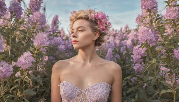 1girl,solo,breasts,short hair,blonde hair,brown hair,hair ornament,dress,cleavage,bare shoulders,brown eyes,jewelry,medium breasts,collarbone,upper body,flower,earrings,small breasts,outdoors,sky,day,hair flower,white dress,mole,blurry,lips,looking to the side,strapless,makeup,blurry background,looking away,plant,lipstick,strapless dress,pink flower,realistic,nose,red lips,mole on neck,artist name,cloud,blue sky,curly hair,purple flower,field