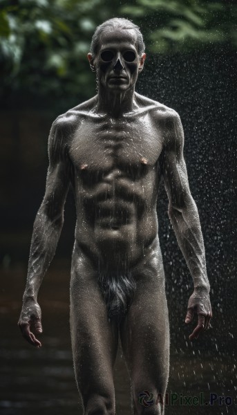 solo,1boy,navel,nipples,standing,male focus,nude,outdoors,penis,blurry,wet,pubic hair,completely nude,muscular,blurry background,colored skin,abs,testicles,pectorals,male pubic hair,rain,realistic,arms at sides,grey skin,flaccid,horror (theme),short hair,white hair,feet out of frame,facial hair,sunglasses,facing viewer,bald,manly,old,chest hair,old man