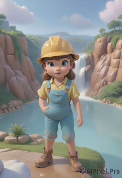 1girl,solo,looking at viewer,smile,brown hair,shirt,hat,twintails,brown eyes,closed mouth,standing,full body,short sleeves,boots,outdoors,sky,shoes,day,collared shirt,cloud,water,tree,blue sky,brown footwear,grass,child,hand in pocket,yellow shirt,rock,female child,overalls,river,waterfall,yellow headwear,short hair,lips,low twintails,helmet,short twintails,overall shorts