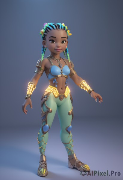 1girl,solo,breasts,looking at viewer,smile,black hair,hair ornament,navel,brown eyes,jewelry,blue hair,standing,full body,braid,flower,multicolored hair,earrings,small breasts,midriff,pants,hair flower,dark skin,necklace,armor,twin braids,bracelet,two-tone hair,dark-skinned female,lips,fingernails,makeup,blue background,sandals,armlet,bikini armor,green pants,very dark skin,dreadlocks,long hair,simple background,bare shoulders,closed mouth,shoes,artist name,gradient,gradient background,piercing,bracer,navel piercing