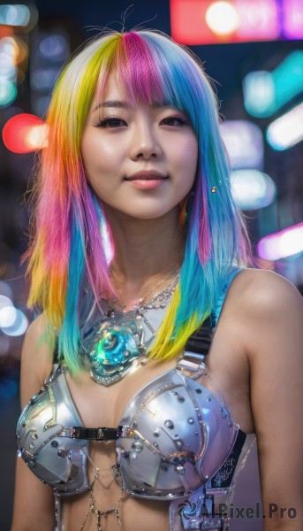 1girl,solo,long hair,breasts,looking at viewer,smile,bangs,blonde hair,bare shoulders,jewelry,medium breasts,blue hair,upper body,pink hair,multicolored hair,small breasts,necklace,armor,blurry,two-tone hair,lips,gradient hair,depth of field,blurry background,gem,realistic,bikini armor,bokeh,rainbow hair,black eyes,makeup