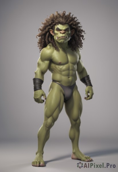 solo,long hair,brown hair,1boy,navel,underwear,nipples,standing,full body,male focus,thighs,pointy ears,grey background,stomach,muscular,colored skin,fangs,thick thighs,abs,pectorals,muscular male,bara,curly hair,bulge,topless male,green skin,male underwear,monster boy,orc,tusks,looking at viewer,black hair,barefoot,frown,underwear only,thick eyebrows,large pectorals,bracer,chest hair,navel hair,briefs