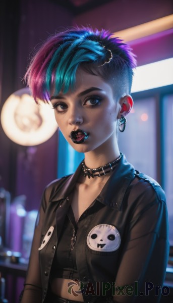 1girl,solo,breasts,looking at viewer,short hair,open mouth,bangs,black hair,hair ornament,jewelry,blue hair,collarbone,jacket,upper body,pink hair,purple hair,multicolored hair,earrings,small breasts,open clothes,choker,tongue,midriff,dark skin,tongue out,mole,blurry,black eyes,collar,two-tone hair,open jacket,dark-skinned female,lips,black jacket,crop top,black shirt,eyelashes,mole under eye,makeup,blurry background,black choker,piercing,lipstick,ear piercing,spikes,eyeshadow,zipper,freckles,asymmetrical hair,realistic,nose,eyeliner,very short hair,leather,undercut,spiked collar,badge,leather jacket,mascara,gothic,mohawk,black lips,tongue piercing,nose piercing,lip piercing,eyebrow piercing,blue eyes,shirt,teeth,artist name,necklace,depth of field,cross,pocket