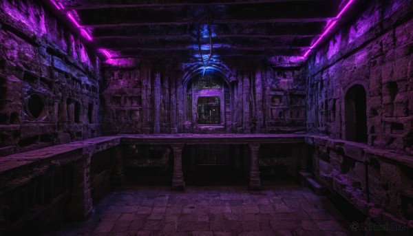 indoors,dutch angle,no humans,window,building,scenery,science fiction,stairs,door,dark,ruins,purple theme,neon lights,night,fantasy,bookshelf,pillar,library,arch,chandelier,column