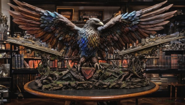 weapon,wings,indoors,cup,book,no humans,bird,chair,table,bottle,plant,scenery,feathered wings,fantasy,dragon,bookshelf,shelf,sword,feathers,candle,picture frame,statue,painting (object),chandelier,loaded interior