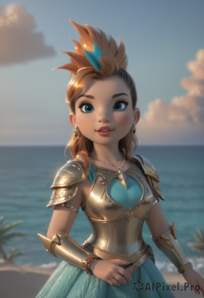 1girl,solo,long hair,breasts,looking at viewer,blush,smile,blue eyes,skirt,blonde hair,brown hair,hair ornament,dress,jewelry,standing,braid,cowboy shot,earrings,small breasts,outdoors,parted lips,sky,teeth,day,artist name,cloud,signature,water,necklace,nail polish,armor,blurry,bracelet,tree,blue sky,lips,blue skirt,fingernails,makeup,depth of field,blurry background,blue dress,ocean,beach,feathers,lipstick,shoulder armor,gem,armlet,backlighting,freckles,pauldrons,breastplate,palm tree,horizon,armored dress,red lips,bracer,feather hair ornament,blue hair,multicolored hair,shiny,orange hair,two-tone hair,upper teeth only,green dress,vambraces,gold,aqua dress