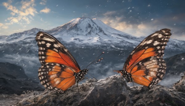 outdoors, wings, sky, day, cloud, dutch angle, no humans, animal, cloudy sky, bug, butterfly, scenery, snow, snowing, mountain