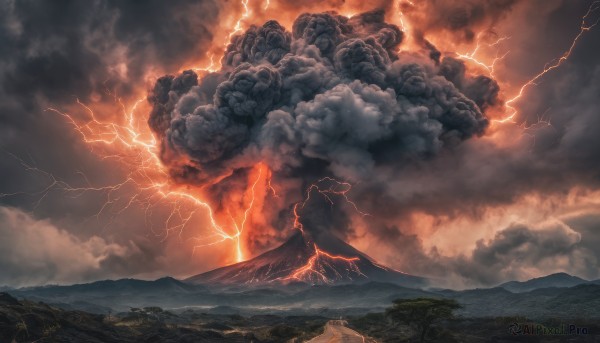 outdoors, sky, cloud, no humans, cloudy sky, scenery, mountain, electricity, lightning, landscape