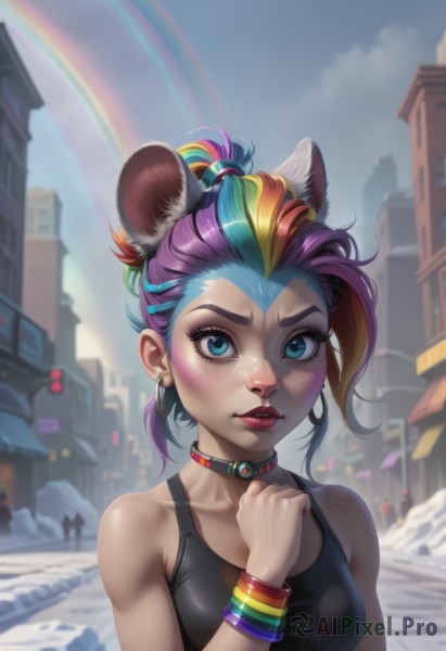 1girl,solo,breasts,looking at viewer,blush,short hair,blue eyes,blonde hair,animal ears,bare shoulders,jewelry,medium breasts,collarbone,upper body,ponytail,purple hair,multicolored hair,earrings,small breasts,outdoors,parted lips,green hair,teeth,choker,day,artist name,hand up,nail polish,blurry,collar,bracelet,two-tone hair,lips,eyelashes,makeup,blurry background,piercing,tank top,lipstick,eyeshadow,freckles,hoop earrings,city,mouse ears,nose,red lips,biting,rainbow,mascara,lip biting,k/da (league of legends),rainbow hair,blue hair,pink hair,sky,shiny,cloud,cat ears,blue sky,streaked hair,aqua hair,building,extra ears,short ponytail,road