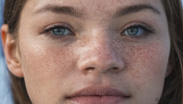 1girl,solo,looking at viewer,blue eyes,brown hair,closed mouth,parted lips,mole,blurry,lips,eyelashes,portrait,close-up,freckles,realistic,nose,eye focus,mole on cheek,bangs,blurry background