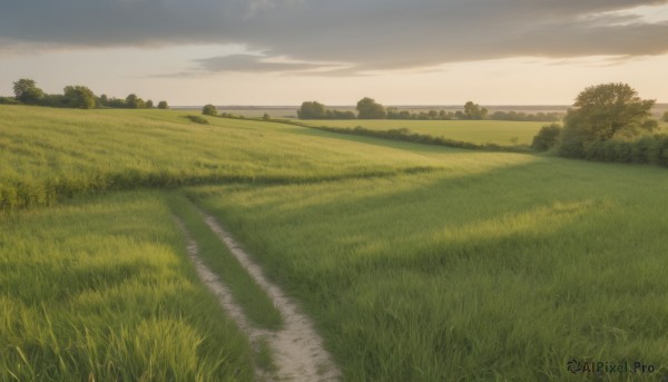 outdoors,sky,day,tree,no humans,shadow,grass,nature,scenery,forest,road,field,landscape,path,hill,cloud,cloudy sky,sunset,horizon,bush