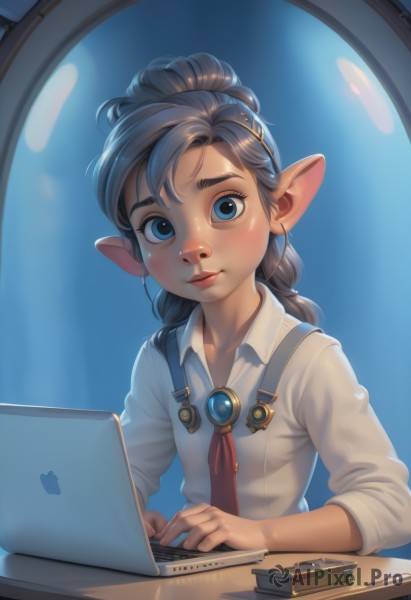 1girl,solo,long hair,looking at viewer,blush,smile,blue eyes,brown hair,shirt,black hair,hair ornament,animal ears,jewelry,closed mouth,white shirt,upper body,ponytail,pointy ears,collared shirt,indoors,lips,book,suspenders,brooch,freckles,nose,computer,laptop,long sleeves,blue hair,braid,necktie,hairclip,watermark,blue background,red necktie,red neckerchief,realistic