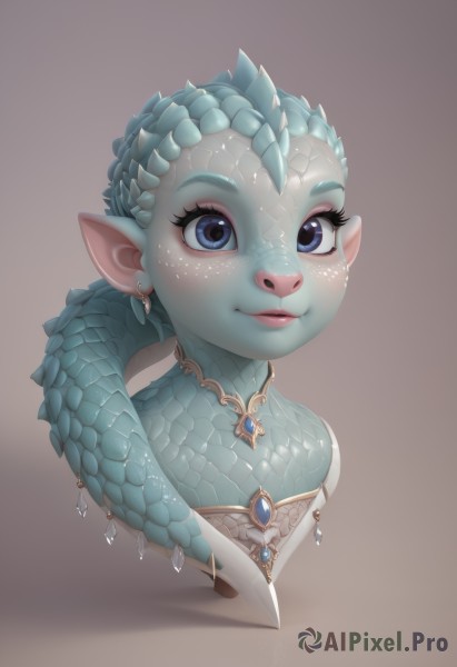 1girl,solo,looking at viewer,smile,blue eyes,simple background,jewelry,closed mouth,earrings,pointy ears,lips,eyelashes,colored skin,monster girl,portrait,freckles,brown background,blue skin,scales,upper body,braid,necklace,makeup,gem,nose,fins,fish girl,zora