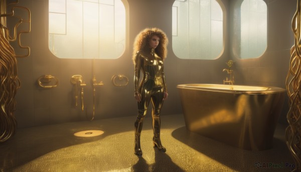 1girl,solo,long hair,breasts,blonde hair,brown hair,brown eyes,standing,full body,boots,indoors,dark skin,dark-skinned female,window,bodysuit,sunlight,reflection,walking,mirror,candle,leather,bathroom,big hair,bathtub,afro,looking at viewer,medium breasts,hood,high heels,fur trim,science fiction,animification,yellow theme