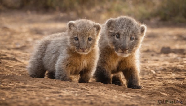 looking at viewer,blue eyes,closed mouth,outdoors,day,blurry,no humans,depth of field,blurry background,animal,realistic,animal focus,lion,signature,sand,brown theme