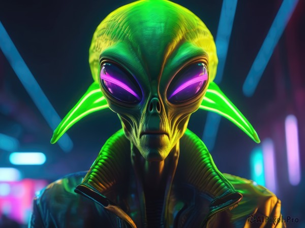 solo,looking at viewer,1boy,closed mouth,purple eyes,upper body,male focus,pointy ears,blurry,blurry background,glowing,colored skin,portrait,glowing eyes,realistic,antennae,green skin,alien,jacket,no humans,mask,night,facing viewer,science fiction,city lights,cyberpunk,neon lights