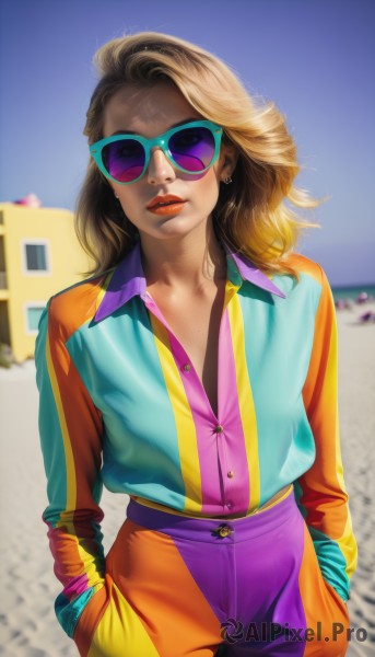 1girl,solo,long hair,looking at viewer,smile,blonde hair,brown hair,shirt,long sleeves,jewelry,closed mouth,standing,jacket,cowboy shot,earrings,outdoors,sky,day,striped,collared shirt,pants,blurry,flat chest,blue sky,lips,makeup,buttons,blurry background,beach,sunglasses,lipstick,multicolored clothes,striped shirt,realistic,nose,hands in pockets,sand,red lips,stud earrings,tinted eyewear,vertical-striped shirt,multicolored jacket,purple pants,parted lips,partially unbuttoned,letterman jacket,two-tone jacket,high-waist pants,multicolored shirt,aviator sunglasses