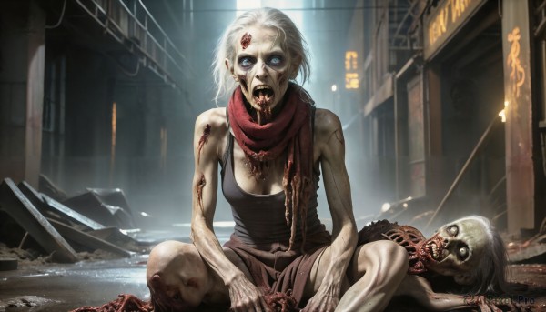 HQ,1girl,solo,breasts,looking at viewer,short hair,open mouth,blue eyes,cleavage,bare shoulders,medium breasts,sitting,white hair,outdoors,shorts,teeth,tongue,tongue out,scarf,blood,tank top,building,science fiction,monster,injury,blood on face,realistic,clothes around waist,ruins,damaged,death,blood from mouth,horror (theme),guro,cyberpunk,corpse,alley,severed head,severed limb,blonde hair,solo focus,torn clothes,pale skin,dirty,zombie