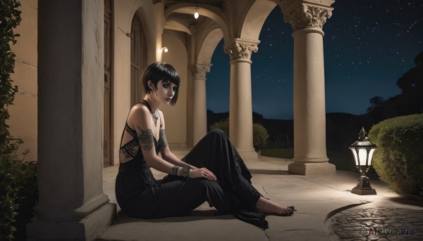 1girl,solo,breasts,looking at viewer,short hair,bangs,black hair,dress,cleavage,bare shoulders,jewelry,sitting,full body,earrings,outdoors,sky,barefoot,choker,blunt bangs,necklace,nail polish,black eyes,black dress,bracelet,feet,from side,tree,lips,toes,night,bob cut,plant,star (sky),black nails,night sky,armlet,starry sky,toenails,stairs,toenail polish,bush,lamppost,pillar,arch,column,tattoo,makeup,anklet,bangle