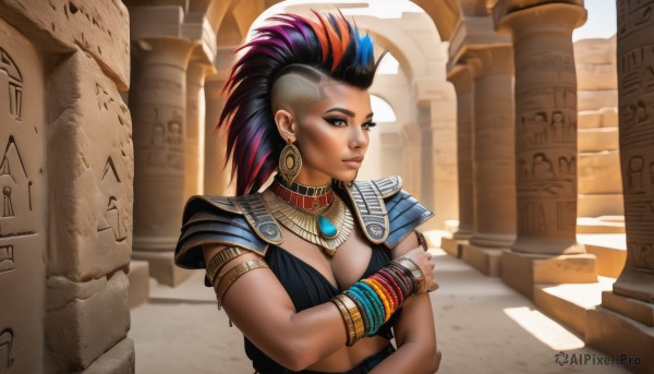 1girl,solo,long hair,breasts,looking at viewer,large breasts,black hair,cleavage,brown eyes,jewelry,medium breasts,closed mouth,blue hair,upper body,ponytail,red hair,multicolored hair,earrings,dark skin,necklace,armor,collar,bracelet,two-tone hair,dark-skinned female,lips,streaked hair,crossed arms,shoulder armor,armlet,pauldrons,hoop earrings,nose,bracer,neck ring,hair pulled back,pillar,mohawk,gorget,column,purple hair,makeup,piercing,ring,asymmetrical hair,undercut,egyptian,egyptian clothes