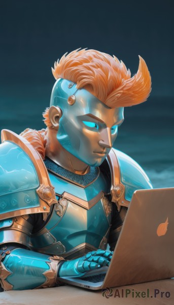 solo,long hair,smile,blue eyes,1boy,sitting,upper body,male focus,shiny,artist name,orange hair,armor,glowing,colored skin,table,shoulder armor,gauntlets,glowing eyes,colored sclera,pauldrons,breastplate,computer,laptop,power armor,1girl,short hair,closed mouth,official alternate costume,looking down,very short hair,mohawk,artificial eye,mechanical eye