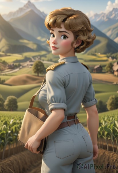 1girl,solo,breasts,looking at viewer,blush,smile,short hair,bangs,blonde hair,brown hair,shirt,holding,brown eyes,jewelry,medium breasts,closed mouth,standing,white shirt,ass,short sleeves,cowboy shot,earrings,outdoors,sky,day,belt,looking back,pants,artist name,cloud,bag,from behind,blurry,uniform,tree,blue sky,lips,military,military uniform,blurry background,thick eyebrows,grass,denim,sleeves rolled up,freckles,jeans,mountain,white pants,nose,stud earrings,brown belt,field,mountainous horizon,pantylines,high-waist pants,parted lips,depth of field,blue shirt,handbag,brown bag