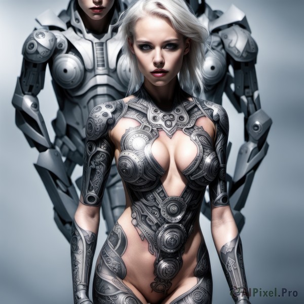 1girl,long hair,breasts,looking at viewer,blue eyes,multiple girls,large breasts,2girls,cleavage,medium breasts,standing,white hair,cowboy shot,parted lips,solo focus,grey background,armor,lips,groin,bodysuit,makeup,thigh gap,lipstick,breasts apart,eyeshadow,science fiction,realistic,center opening,arms at sides,red lips,cyborg,solo,short hair,simple background,gloves,closed mouth,blurry,leotard,gradient,grey eyes,gradient background,clothing cutout,cleavage cutout,robot,gauntlets,revealing clothes,power armor,mascara,chainmail