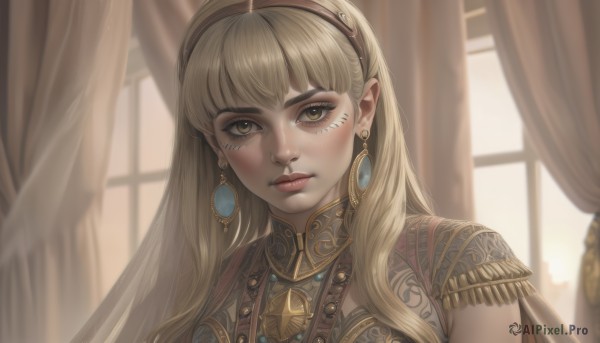 1girl,solo,long hair,looking at viewer,bangs,blonde hair,brown eyes,jewelry,closed mouth,yellow eyes,upper body,hairband,earrings,indoors,necklace,blurry,lips,eyelashes,window,makeup,curtains,portrait,realistic,nose,blurry background,gem,backlighting,epaulettes,red lips