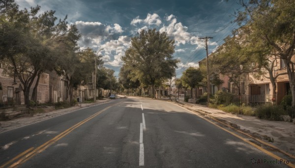 outdoors, sky, day, cloud, tree, blue sky, dutch angle, no humans, cloudy sky, grass, ground vehicle, building, scenery, motor vehicle, car, road, power lines, street, utility pole, road sign, crosswalk, vanishing point