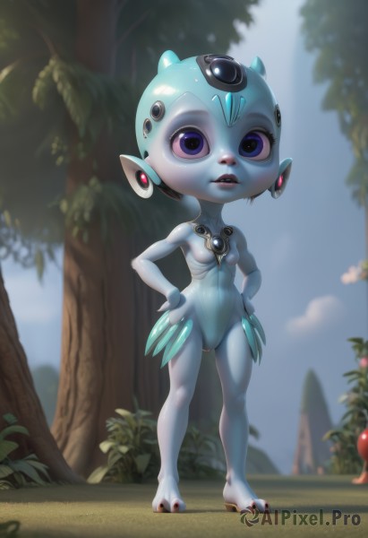 1girl,solo,breasts,looking at viewer,blue eyes,jewelry,standing,full body,small breasts,outdoors,parted lips,teeth,day,pointy ears,blurry,tree,lips,blurry background,colored skin,robot,monster girl,furry,hands on hips,blue skin,furry female,android,no pussy,alien,fewer digits,animal ears,earrings,yordle