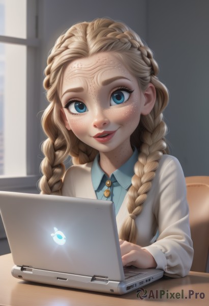 1girl,solo,long hair,looking at viewer,smile,blue eyes,blonde hair,shirt,long sleeves,sitting,upper body,braid,parted lips,collared shirt,artist name,indoors,blurry,twin braids,lips,window,makeup,blurry background,watermark,chair,table,cardigan,blue shirt,lipstick,hair over shoulder,web address,forehead,desk,freckles,realistic,nose,red lips,computer,laptop,tablet pc,white shirt,teeth,eyelashes,facial mark,thick eyebrows,aged down,casual,patreon username,forehead mark,mascara,deviantart username