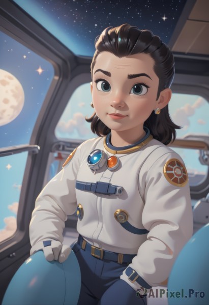 1girl,solo,looking at viewer,smile,blue eyes,brown hair,shirt,black hair,gloves,long sleeves,jewelry,sitting,closed mouth,jacket,white shirt,earrings,sky,belt,pants,white gloves,medium hair,black eyes,lips,night,moon,white jacket,star (sky),night sky,forehead,full moon,starry sky,freckles,blue pants,space,planet,spacesuit,long hair,short hair,helmet,aged down,ground vehicle,motor vehicle,headwear removed,blue gloves,helmet removed,astronaut